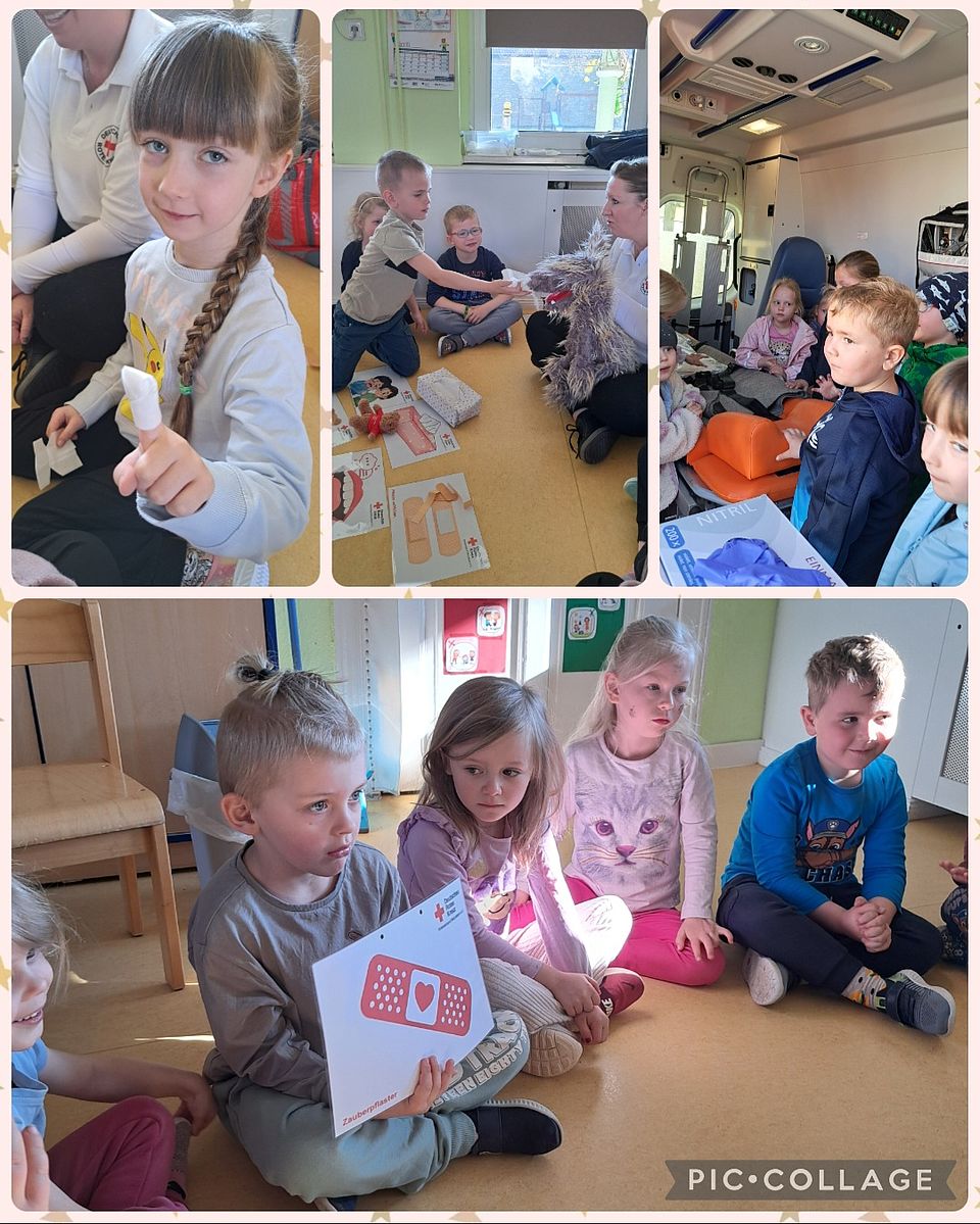 Collage mit 5 Bildern, die Kinder zeigen, welche einen Fingerverband üben und den Rettungswagen anschauen. und 