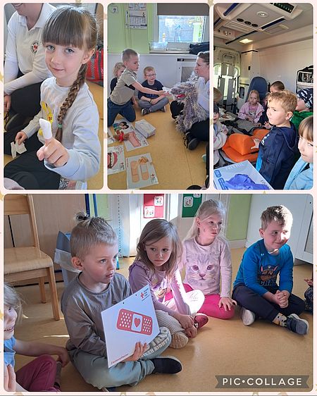 Collage mit 5 Bildern, die Kinder zeigen, welche einen Fingerverband üben und den Rettungswagen anschauen. und 
